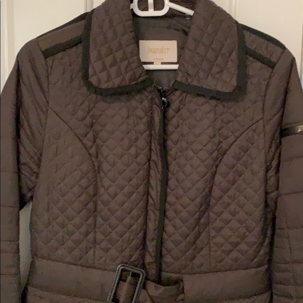 Army green coat with black trim.